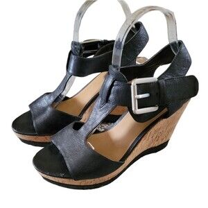 Franco Sarto Shantelle Black Leather & Cork Wedge Sandals Size 9